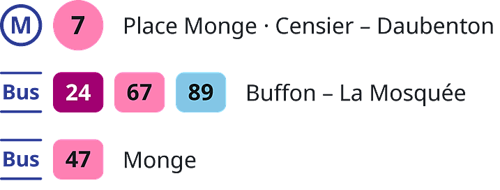 How to get to the Grande Mosquée in Paris: metro line 7 at Place Monge and Censier - Daubenton; buses 24, 67 and 89 at Buffon - La Mosquée; bus 47 at Monge.