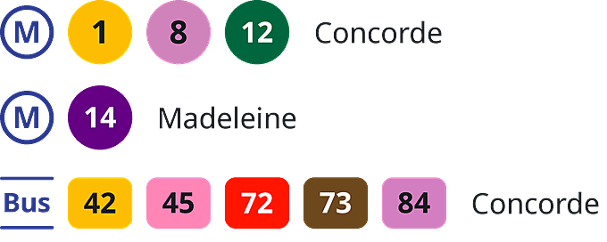 Hotel De La Marine How To Get There How to get to Hôtel de la Marine in Paris: metro lines 1, 8 and 12 at Concorde; metro line 14 at Madeleine; buses 42, 45, 72, 73 and 84 at Concorde.