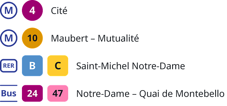 How to get to Notre-Dame de Paris: metro line 4 at Cité, metro line 10 at Maubert – Mutualité, RER B and C at Saint-Michel Notre-Dame, buses 24 and 47 at Notre-Dame – Quai de Montebello.