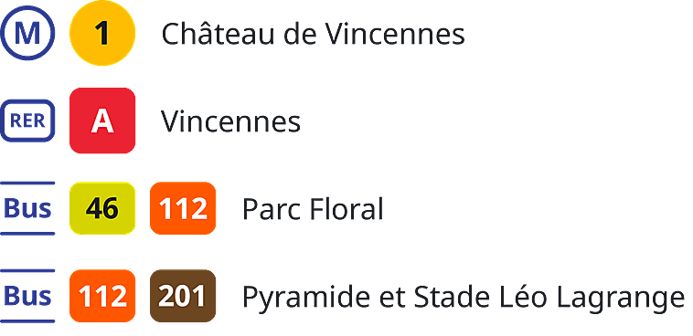 How to get to Parc Floral in Paris: metro line 1 at Château de Vincennes; RER A at Vincennes; buses 46 and 112 at Parc Floral; buses 112 and 201 at Pyramide et Stade Léo Lagrange.