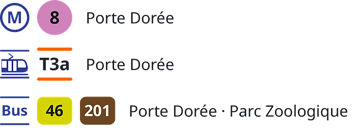 How to get to the Tropical Aquarium in Paris: metro line 8 at Porte Dorée; tram T3a at Porte Dorée; buses 46 and 201 at Porte Dorée and Parc Zoologique.